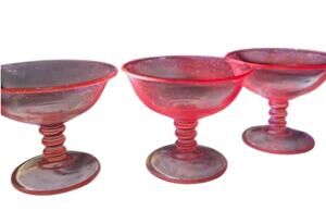 Vintage Pink Depression Glass Coupes Set of 3 UV Uranium Glow Footed Sherbet
